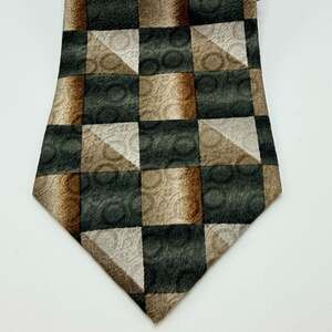 Pierre Cardin Men's Geometric Pattern Silk Neck Tie in Green, Brown, and Tan